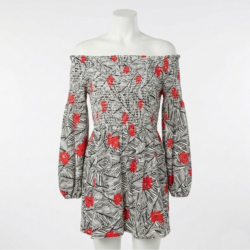 J. Jill Off Shoulder Smocked Dress Tunic Medium Black White Red Floral Boho